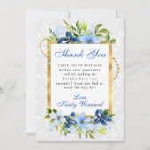 ブルー&ネイビーサマーフラワーズ金ゴールド誕生日 サンキューカード (正面)