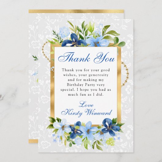 ブルー&ネイビーサマーフラワーズ金ゴールド誕生日 サンキューカード (正面/裏面)