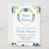 ブルー&ネイビーフラワーズハートリーススウィート16 招待状 (正面)