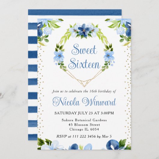 ブルー&ネイビーフラワーズハートリーススウィート16 招待状 (正面/裏面)