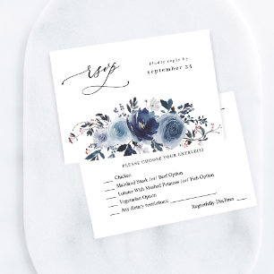 ブルー&ネイビーフローラと食事RSVP 出欠カード