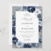 ブルー&ネイビーフローラオングレー結婚ズ 招待状 (正面)
