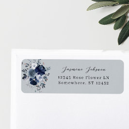 ブルー&ネイビーフローラ差出人住所ラベル – ブルーグレー ラベル