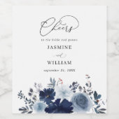 ブルー&ネイビーフローラ結婚ズ ワインラベル (シングルラベル)