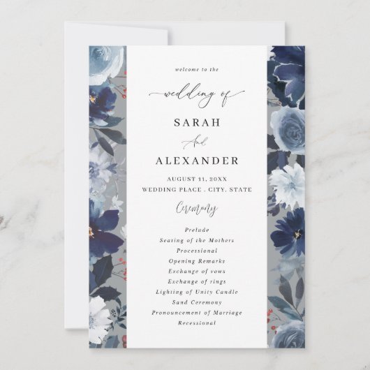ブルー&ネイビーフローラ結婚式 プログラムグレー 招待状 (正面)