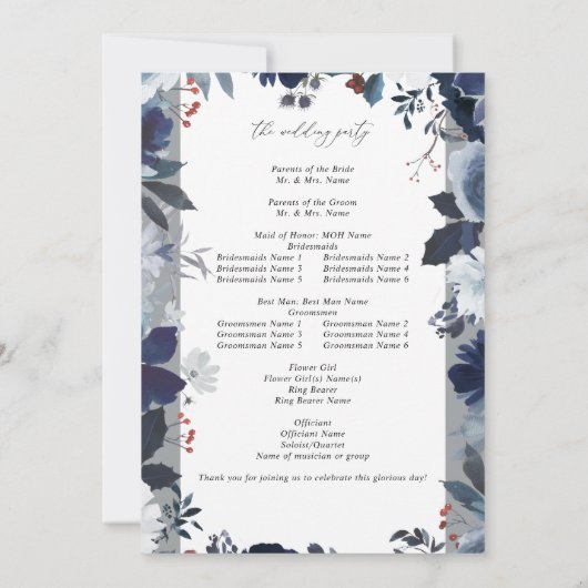 ブルー&ネイビーフローラ結婚式 プログラムグレー 招待状 (裏面)