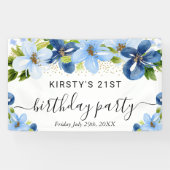 ブルー&ネイビーボホフラワーズ誕生日へようこそ 横断幕 (横)