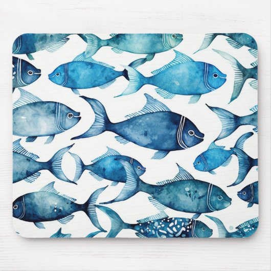 ブルー&ネイビー水彩魚 | 沿岸海机 マウスパッド (正面)