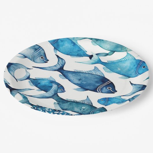 ブルー&ネイビー水彩魚 | 海航海の子 ペーパープレート (アングル)