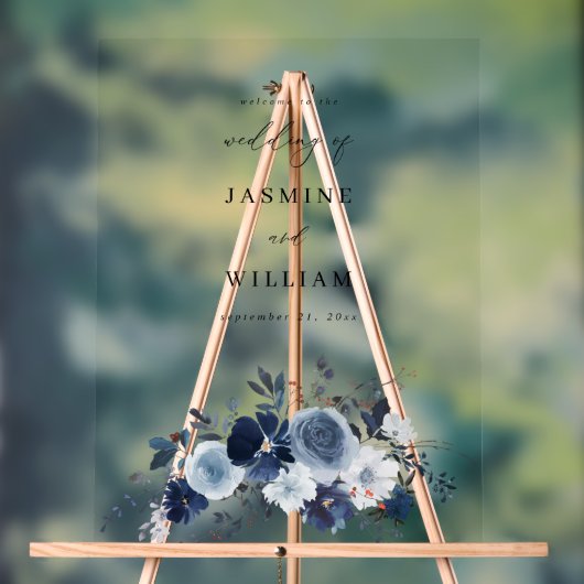 ブルー&ネイビー フラワー ウェディング ウェルカム アクリルサイン (ニュートラル)