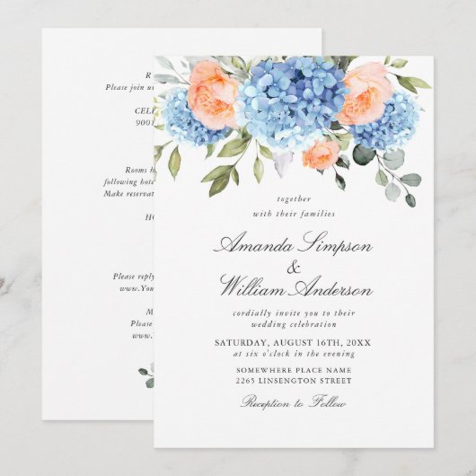 ブルー ハイドレンジア ブラッシュ ピンク ローズ ウェディング オール イン ワン 招待状 (正面/裏面)