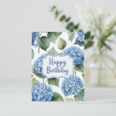 ブルー ハイドレンジア 花 水彩 誕生日おめでとう ポストカード (スタンド正面)