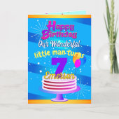 ブルー ハッピーバースデー (お子様の名前 / 年齢 編集可能) カード (正面)