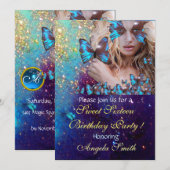 ブルー バタフライ スウィート16 パーティー モノグラム, ゴールド 招待状 (正面/裏面)