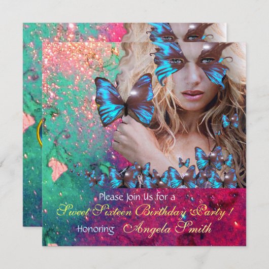 ブルー バタフライ スウィート16 パーティー モノグラム, ゴールド 招待状 (正面/裏面)