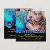 ブルー バタフライ スウィート16 パーティー モノグラム, ゴールド 招待状 (正面/裏面)