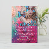 ブルー バタフライ スウィート16 パーティー モノグラム, ゴールド 招待状 (スタンド正面)