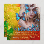 ブルー バタフライ スウィート16 パーティー モノグラム, ゴールド 招待状 (正面/裏面)