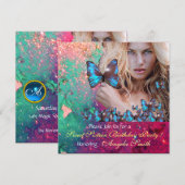 ブルー バタフライ スウィート 16 パーティー モノグラム 招待状 (正面/裏面)