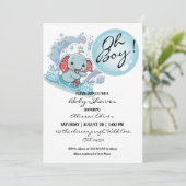 ブルー バブル かわいい 赤ちゃん ゾウ 'おとこの子' ベビーシャワー 招待状 (スタンド正面)