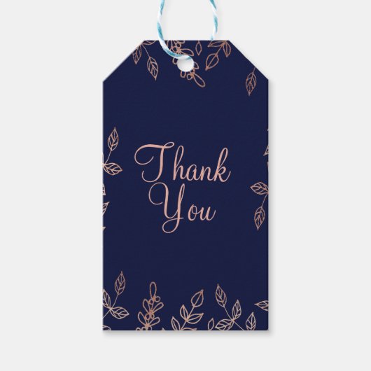 ブルー&バラ金ゴールドグラムボタニカルエレガントな結婚式 ギフトタグ (正面)