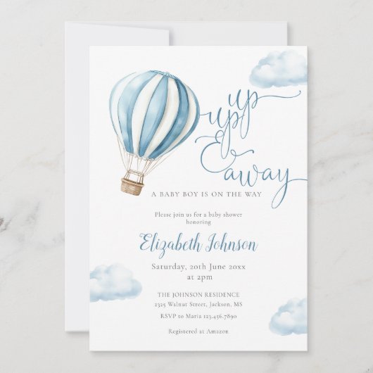 ブルー バルーン ボーイ QR コード フォト ベビー シャワー 招待状 (正面)