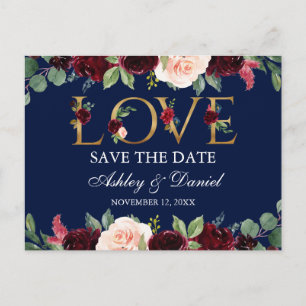 ブルー・バーガンディ・ウォーター・カラー・フローラ・ラブ・セーブ・ザ・デート 案内ポストカード