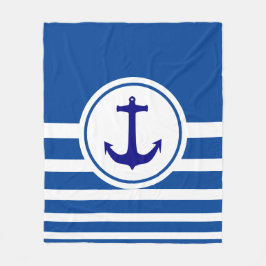 ブルー&パーソナライズされたホワイトネイビーストライプのブルーいかり フリースブランケット