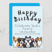 ブルー - パーティーの子犬たちをお祝いしよう カートゥーン子犬 誕生日招待状 招待状 (正面/裏面)