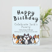 ブルー - パーティーの子犬たちをお祝いしよう カートゥーン子犬 誕生日招待状 招待状 (スタンド正面)