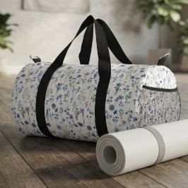 ブルー パープルの水彩画風の草花模様 ダッフルバッグ