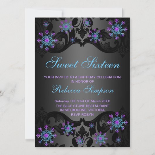 ブルー&パープルスノーフレークスウィート16誕生日招待状 招待状 (裏面)
