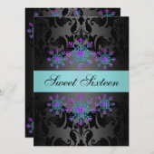 ブルー&パープルスノーフレークスウィート16誕生日招待状 招待状 (正面/裏面)