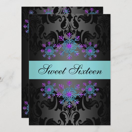 ブルー&パープルスノーフレークスウィート16誕生日招待状 招待状 (正面/裏面)