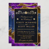 ブルー&パープルピーコックアゲート&金ゴールド結婚グリッター 招待状 (正面/裏面)