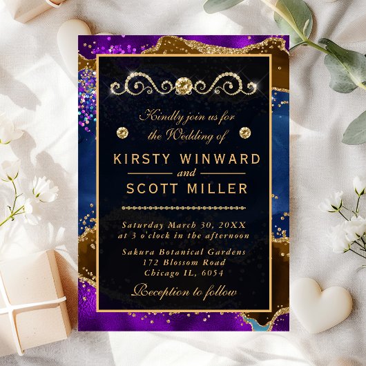 ブルー&パープルピーコックアゲート&金ゴールド結婚グリッター 招待状