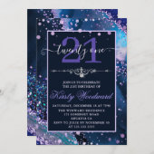 ブルー&パープルフェイクグリッターアゲート誕生日 招待状 (正面/裏面)