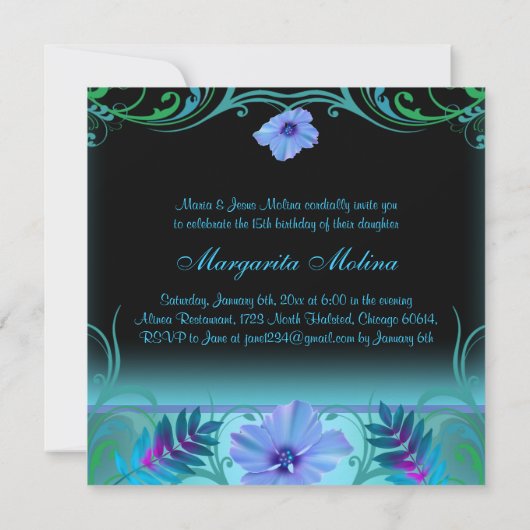 ブルー&パープルフラワー鮮やかキンセアニェラ招待状 招待状 (裏面)