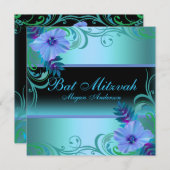 ブルー&パープルフラワー鮮やかバルミツワー招待状 招待状 (正面/裏面)