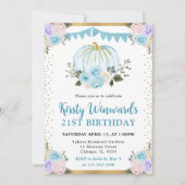 ブルー&パープルフローラカボチャ秋21st誕生日 招待状 (正面)