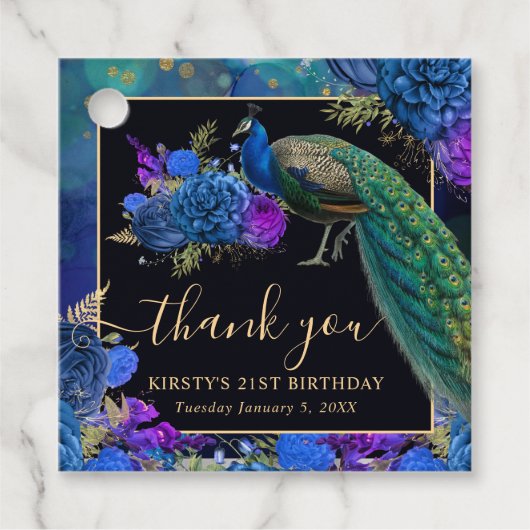 ブルー&パープルフローラピーコック誕生日 フェイバータグ (正面)