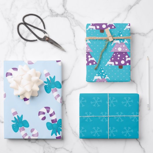 ブルー&パープルホリデーツリーズキャンディカン ラッピングペーパーシート (正面)