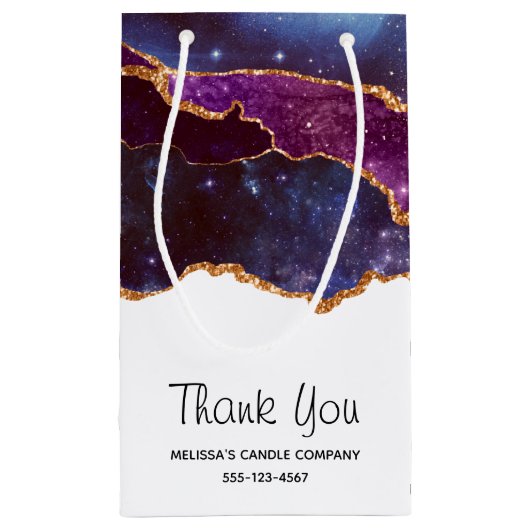 ブルー&パープル宇宙&スターズモダンアゲートありがとう スモールペーパーバッグ (裏面)