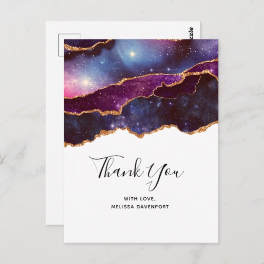 ブルー&パープル宇宙&スターズモダンアゲートありがとう ポストカード (正面/裏面)
