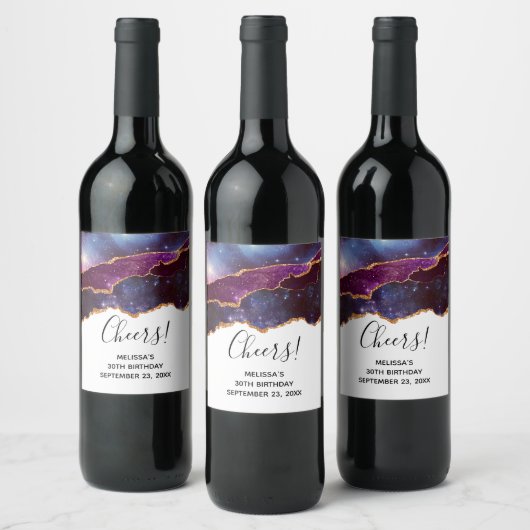 ブルー&パープル宇宙&スターズモダンアゲート誕生日 ワインラベル (ボトル)