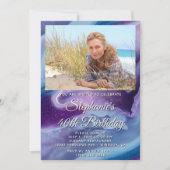 ブルー パープル アゲートジオード フォトボーダー 40歳の誕生日 招待状 (正面)