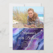 ブルー パープル アゲート エレガント フォト 40歳の誕生日 招待状 (正面)