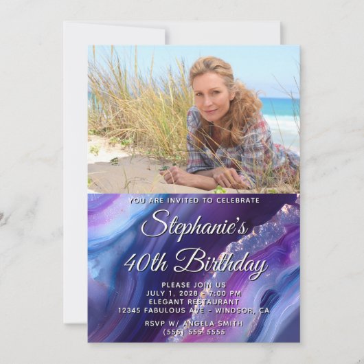 ブルー パープル アゲート エレガント フォト 40歳の誕生日 招待状 (正面)
