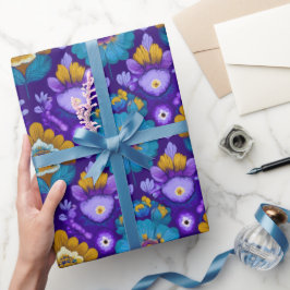 ブルー・パープル・イエローのレトロ70年代フラワーパターン ラッピングペーパー