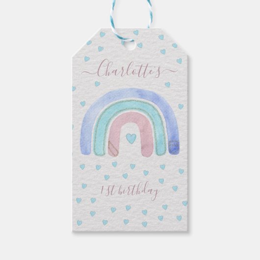 ブルー パープル パステル レインボー ファースト バースデー ギフト タグ (正面)